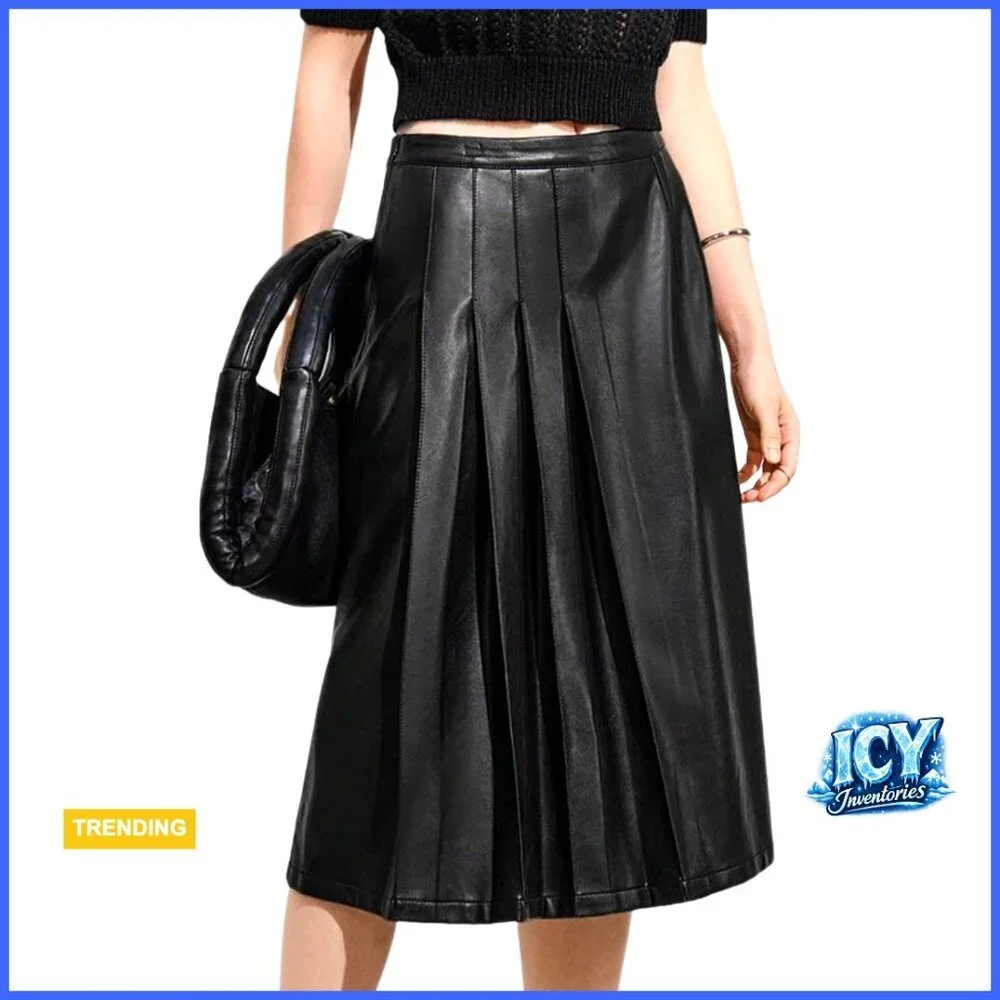 High Waist Pleated Midi Skirt Faux Leather Flare Regular Fit